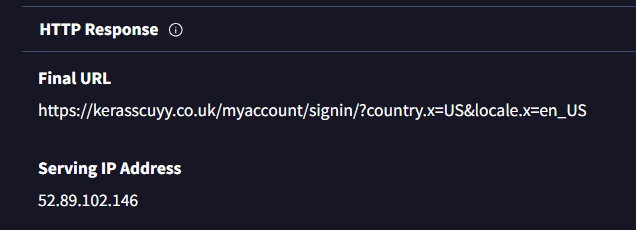 A screenshot of VirusTotal showing an HTTP response, with the final URL and serving IP address given
