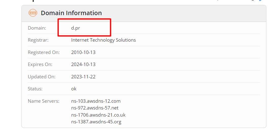 A screenshot of a WHOIS lookup of the d.pr domain