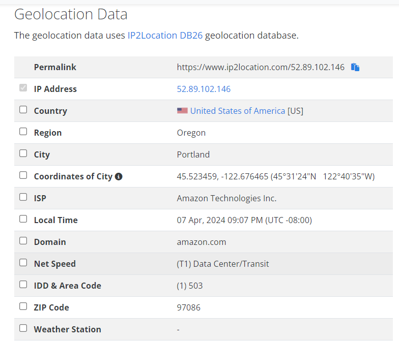 A screenshot of a geoIP lookup of an IP address, showing that it originated in Portland, Oregon