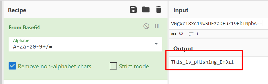 A screenshot of CyberChef decoding Base64 input into plain text