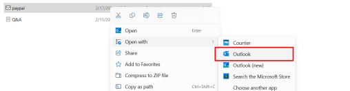 Windows Right-Click menu showing Open With -> Outlook Option