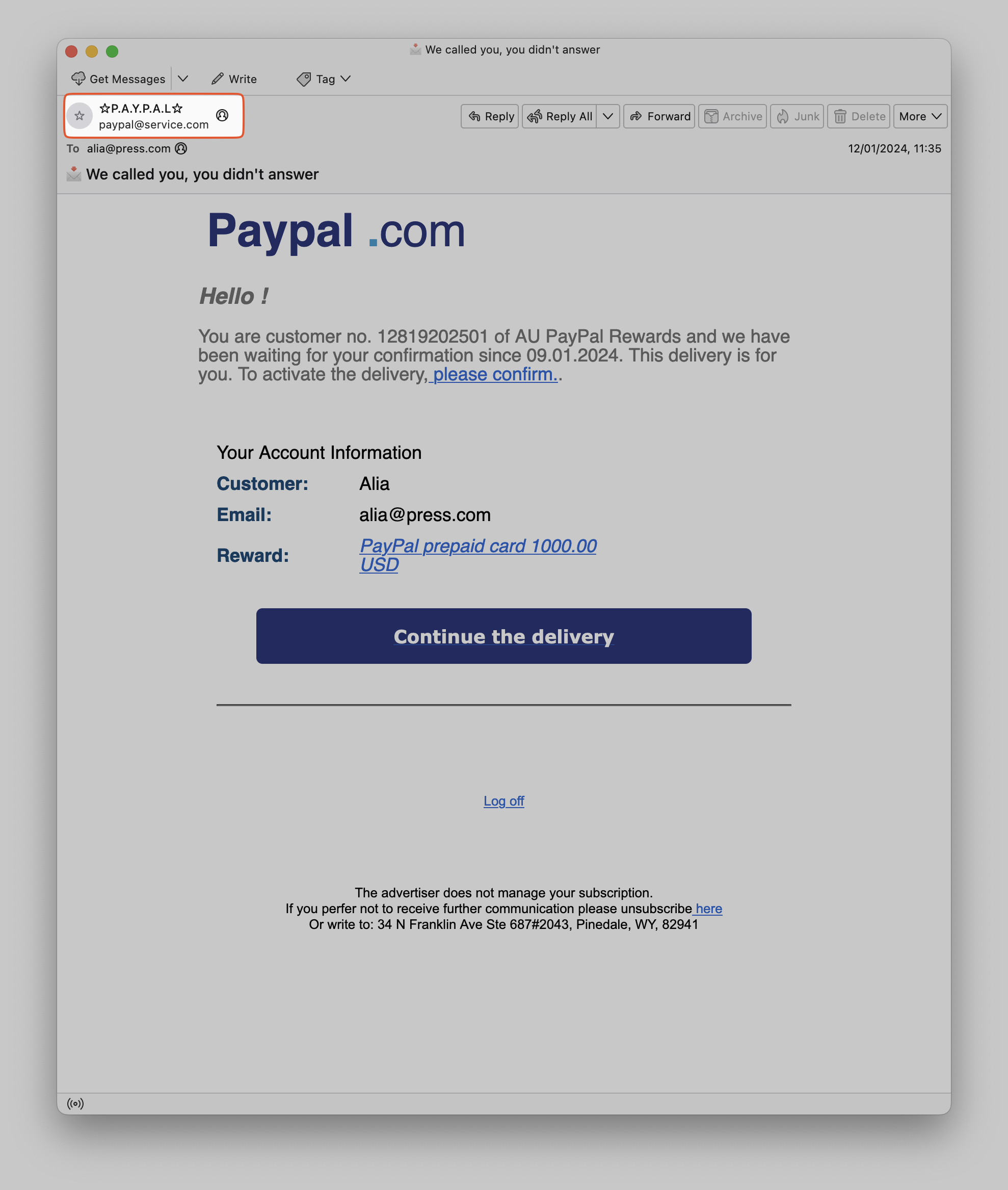 Imagem de uma mensagem que parece ser do PayPal indicando que uma atividade suspeita foi detectada na conta associada ao endereço de e-mail de Alia. A mensagem contém um link para fazer uma verificação de conta. O endereço de e-mail exibido no remetente é paypal@service.com