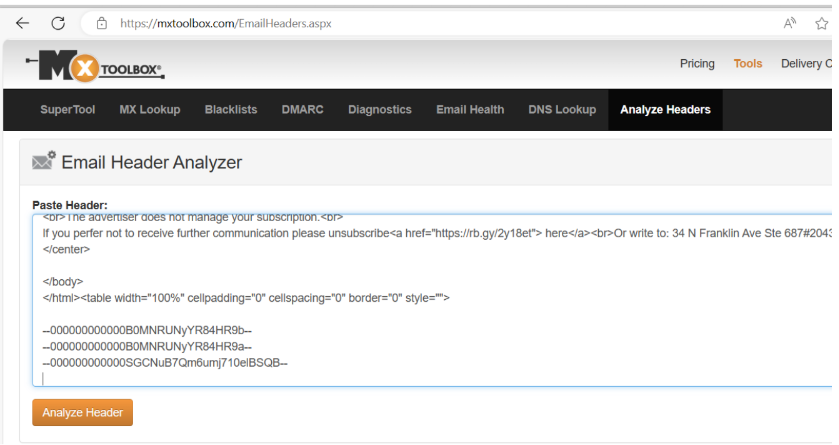 A screenshot of email headers being pasted into MX Toolbox Analyser