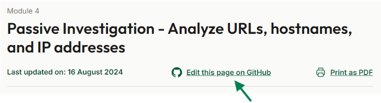 Top of a learning path module page with an arrow pointing to a link that says “Edit this Page on GitHub” 