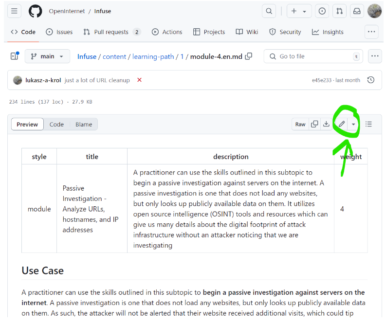 GitHub page for learning path 1 module 4 with a green arrow pointing at the edit button, represented by a pencil icon