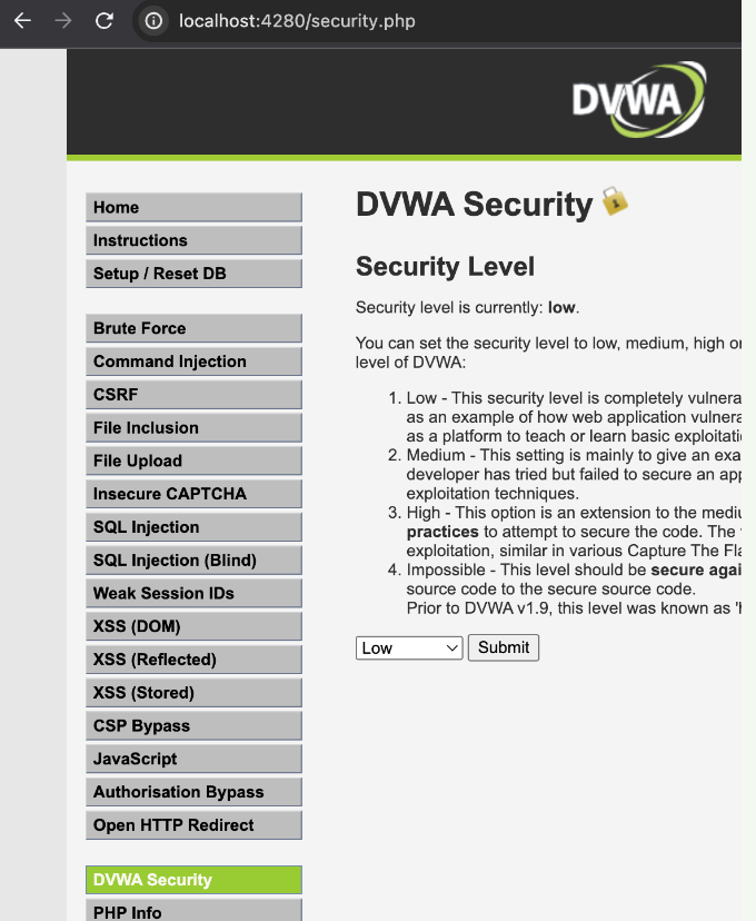 DVWA con configuración de nivel de seguridad bajo