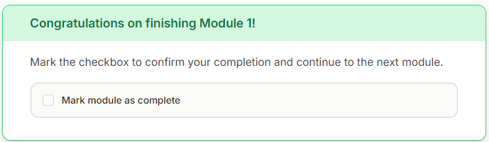 Notice at the end of a learning path module that says “Mark module as complete” next to a check box