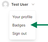 Profile dropdown menu with an arrow pointing to the “Badges” page