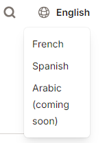 Language dropdown menu showing options for English, French, Spanish, and Arabic