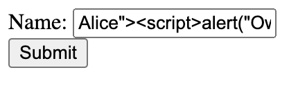 A text box that says Alice"><script>alert(“Ov