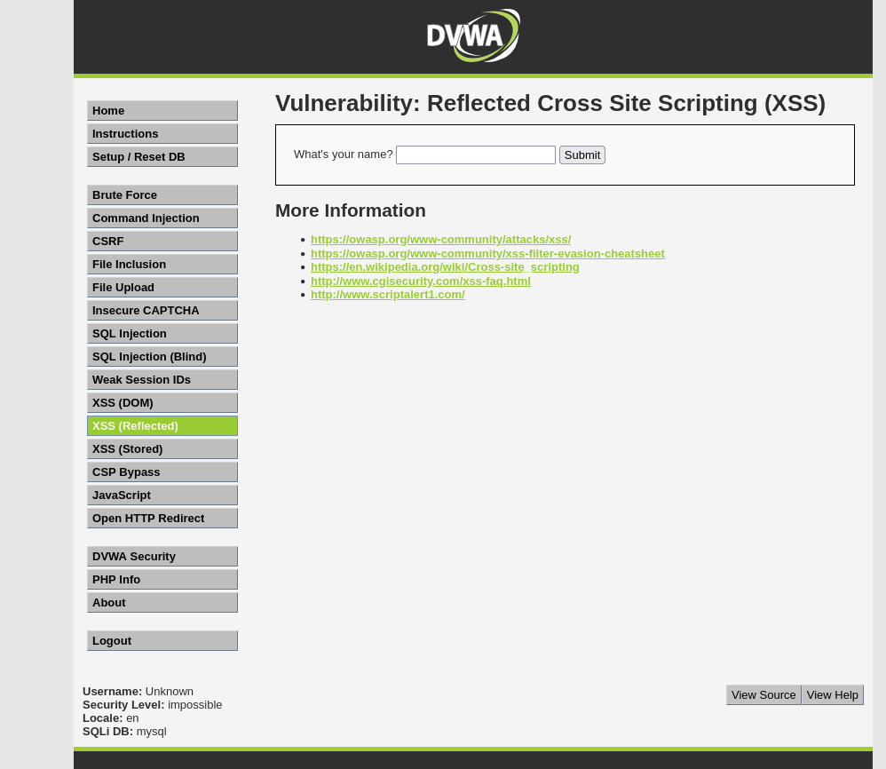 A screenshot of DVWA, with the “Vulnerability: Reflected Cross Site Scripting (XSS)” page currently loaded