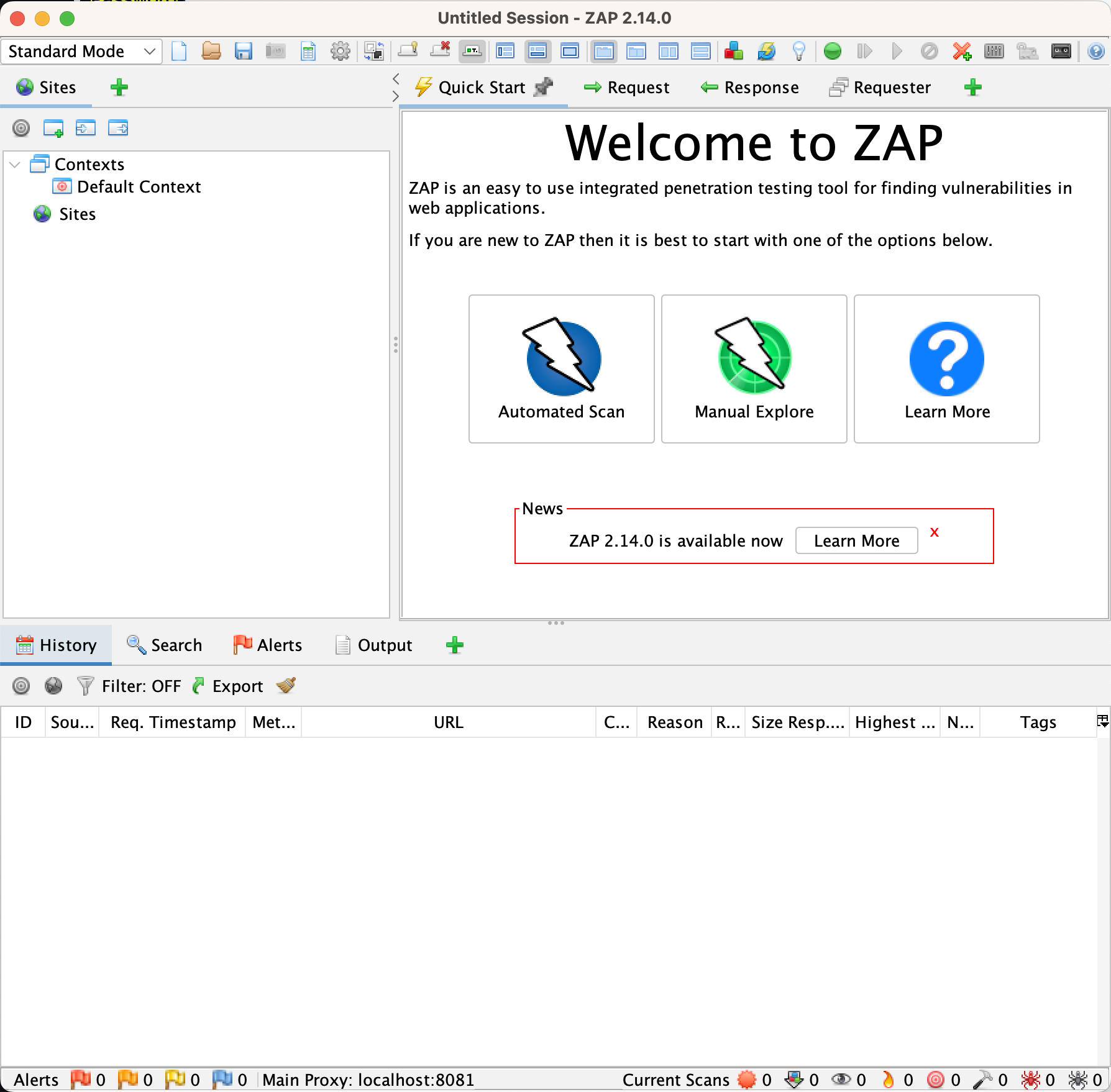 A screenshot of ZAP as it opens