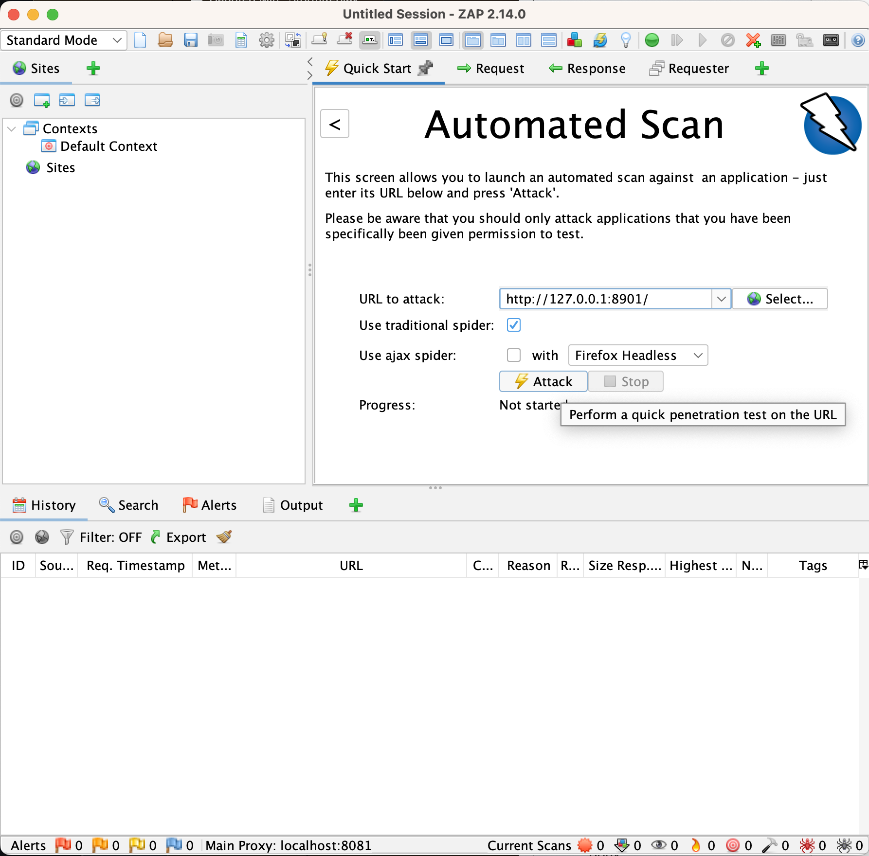 A screenshot of ZAP as the user selects an automated scan. The URL to attack is 127.0.0.1:8901