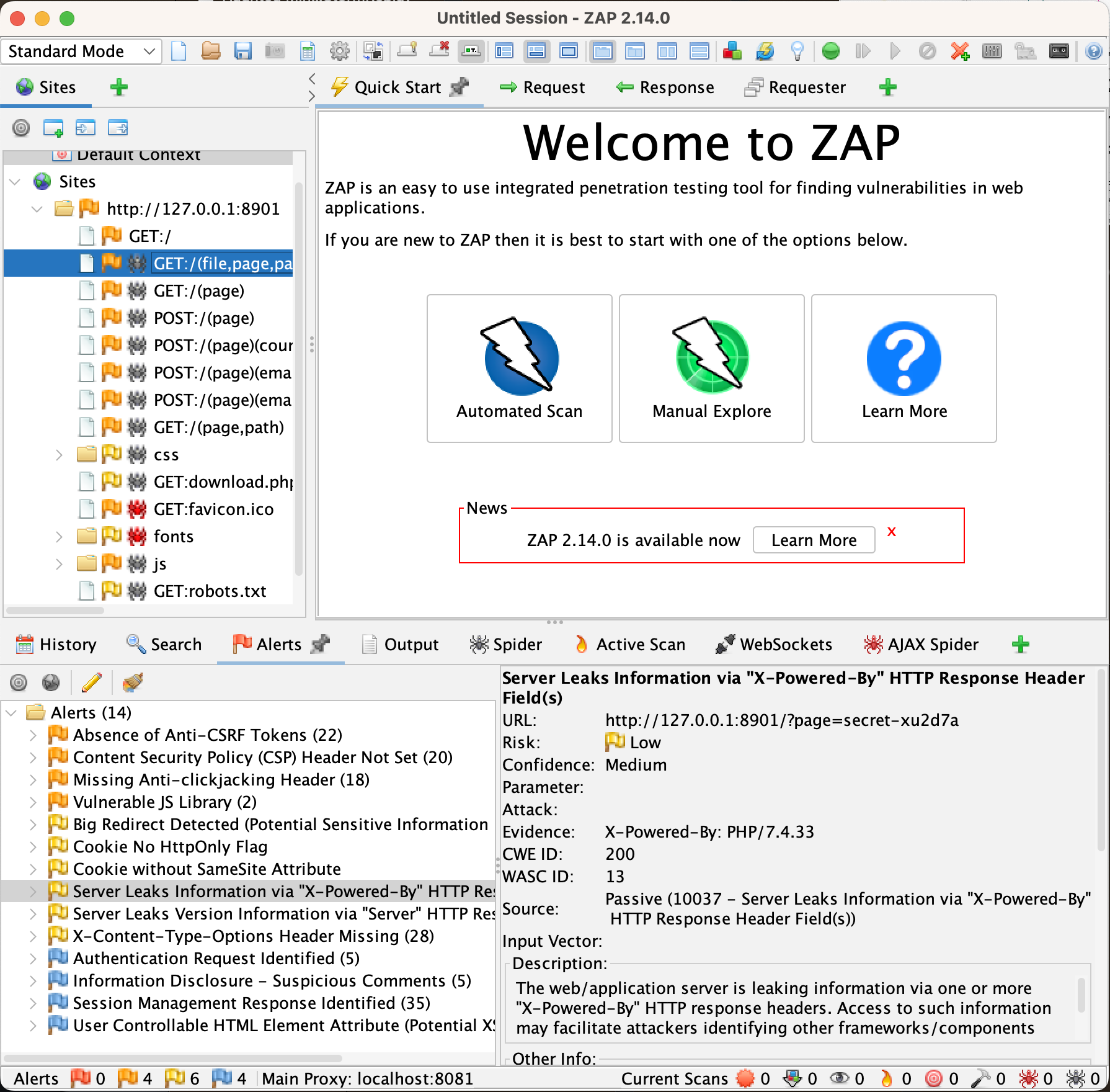 A screenshot of ZAP and the “alerts” box that the service displays at the bottom