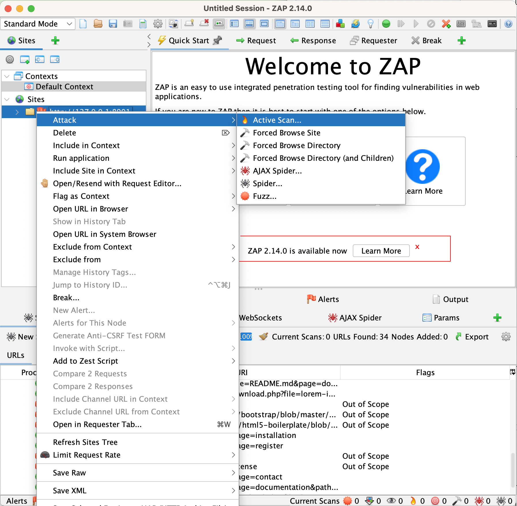 A screenshot of ZAP as the user rights clicks on a site, and selects “attack” and “active scan”