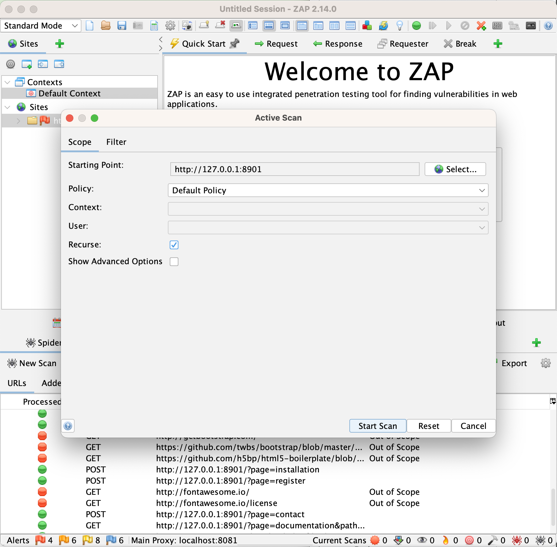 A screenshot of ZAP as the user gets ready to run an active scan on 127.0.0.1:8901