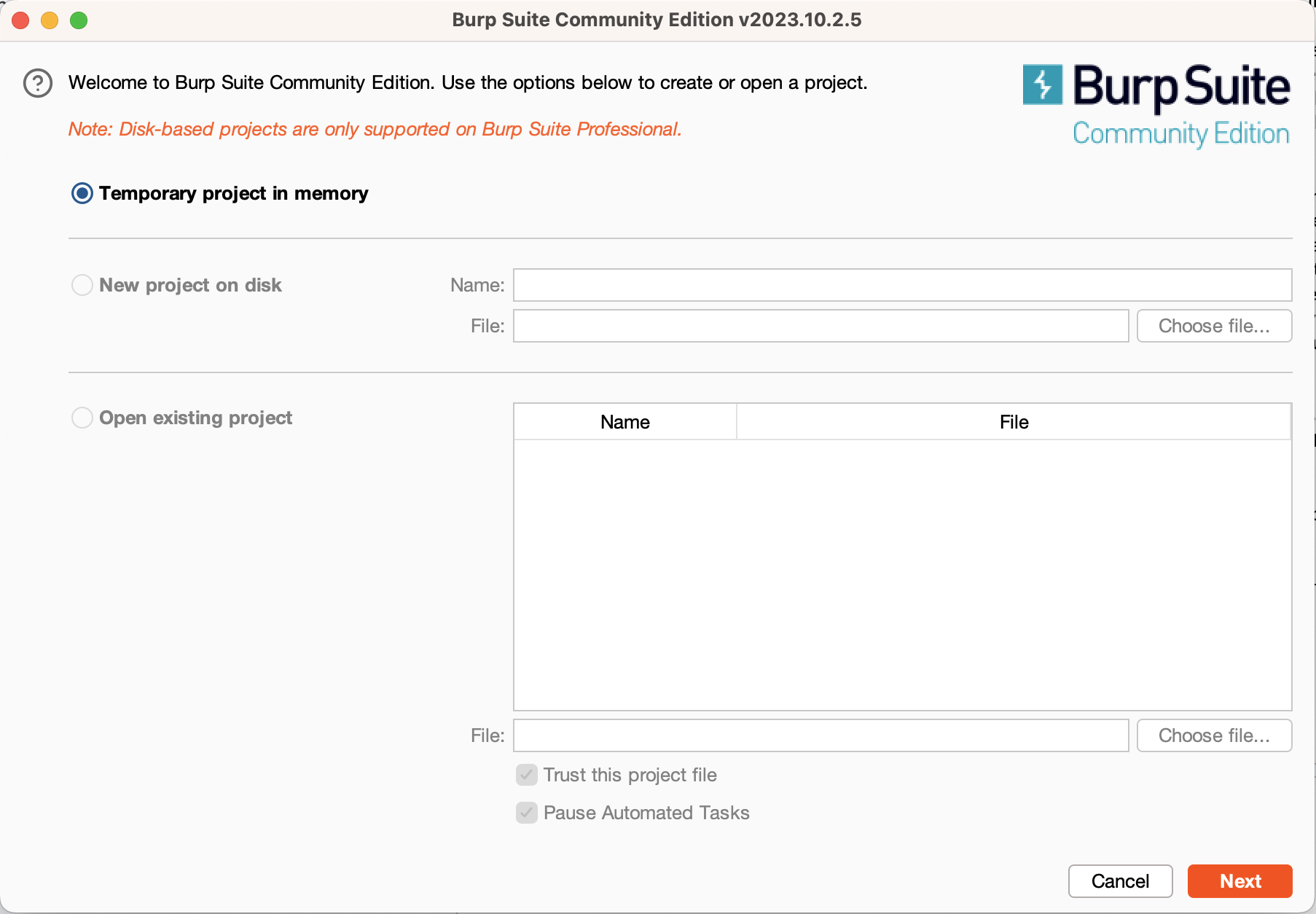 Una captura de pantalla de una de las primeras pantallas de Burp Suite, con “Temporary Project in Memory” seleccionado