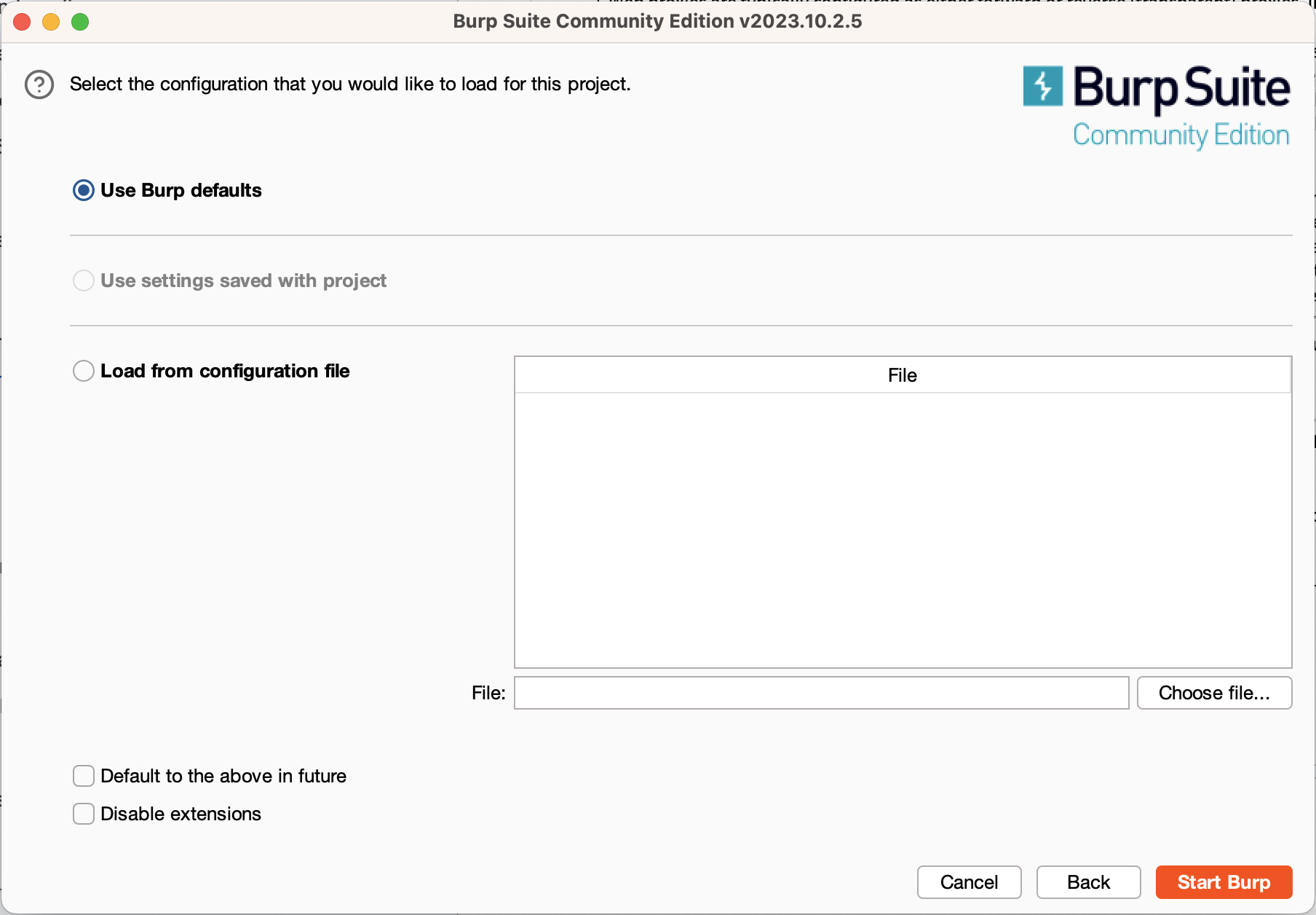 A screenshot of the next Burp Suite screen, with “Use Burp defaults” selected