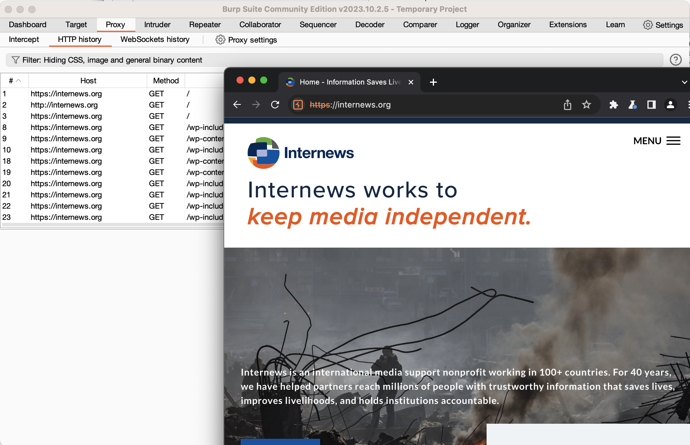 A screenshot of the Burp Suite proxy, collecting HTTP history. The Internews website is in the foreground