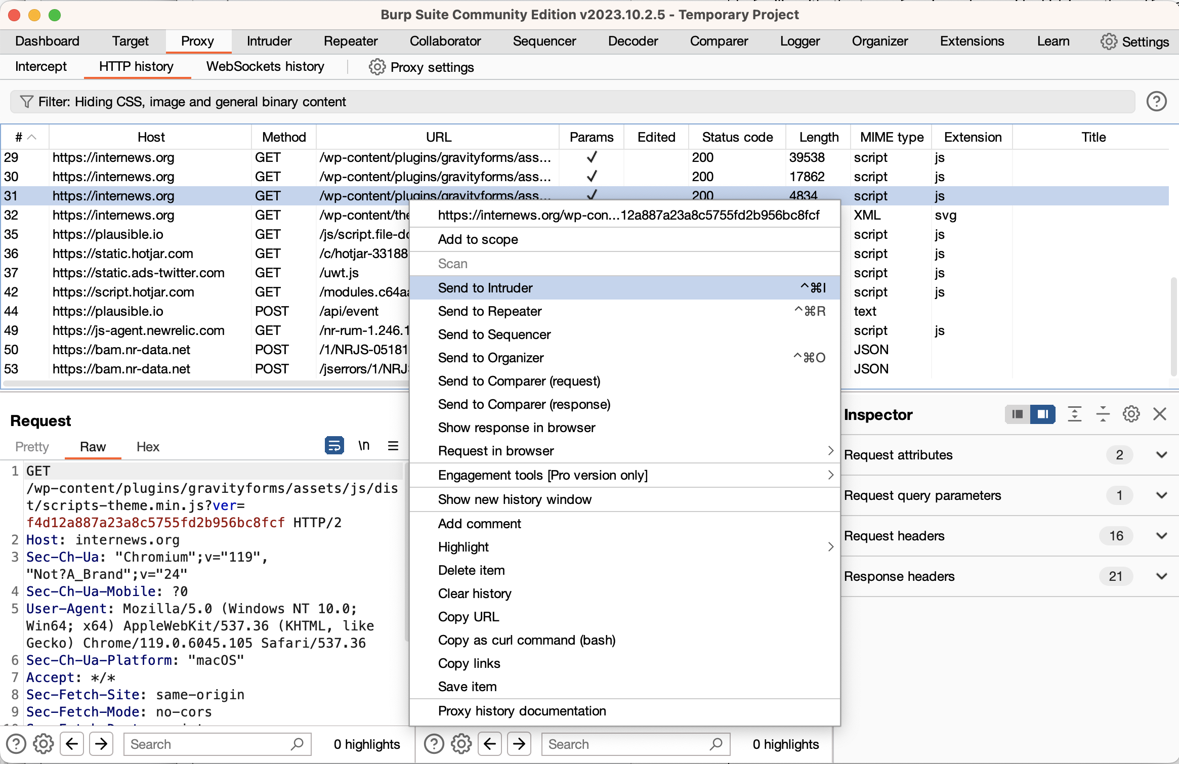 A screenshot of the Burp Suite proxy, as it has collected an item of HTTP history and is sending that item to the intruder feature