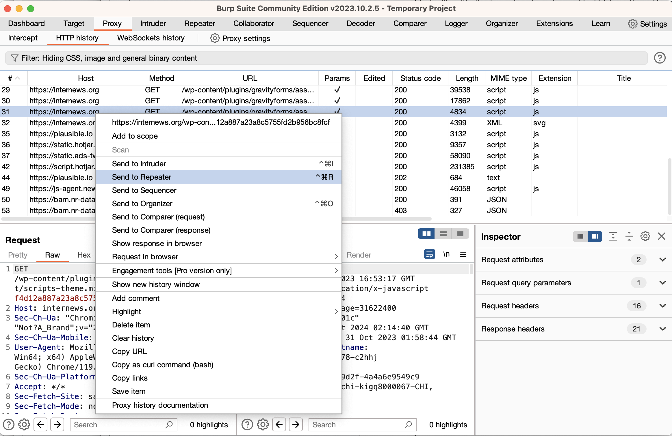 A screenshot of the Burp Suite proxy, as it has collected an item of HTTP history and is sending that item to the repeater feature